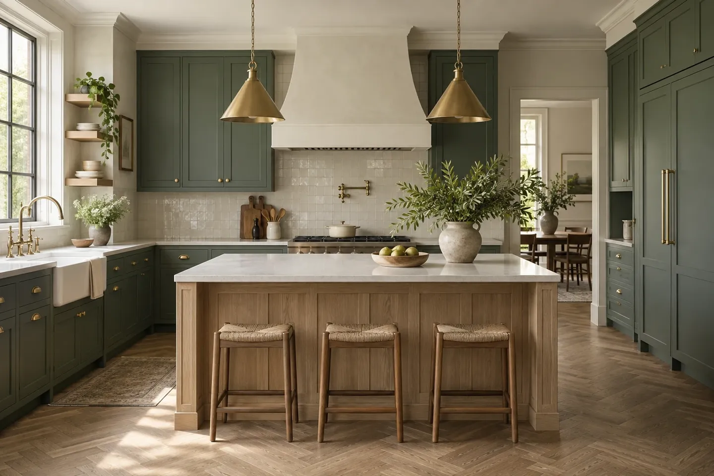 Sage green shaker kitchen with an oak island and brass pendants