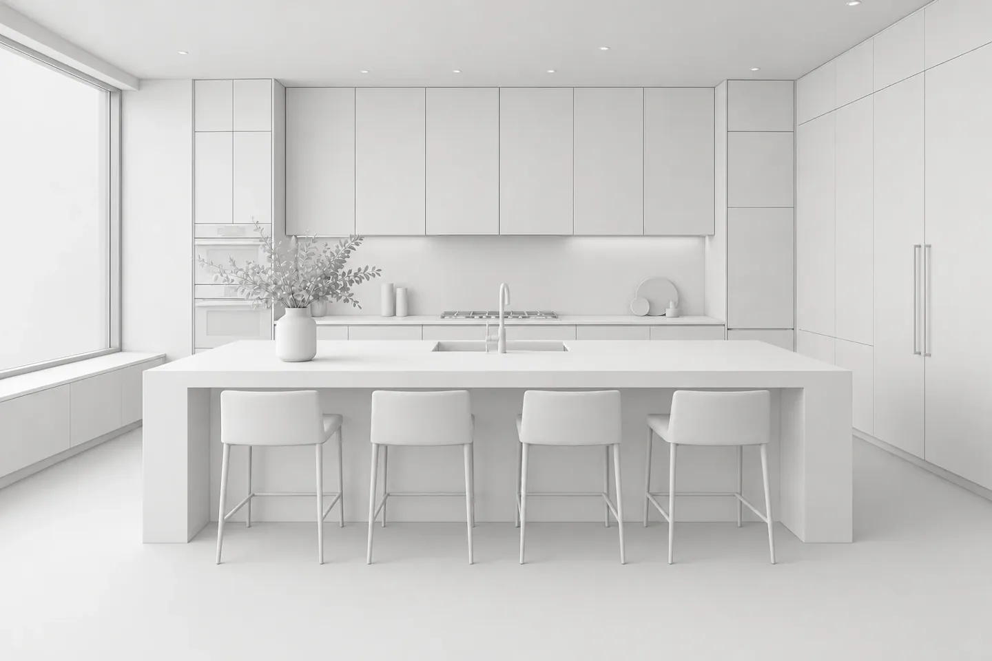 Untextured 3D model of a kitchen with an island and four stools