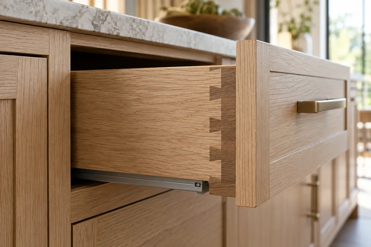 Dovetailed corner of a white oak drawer box