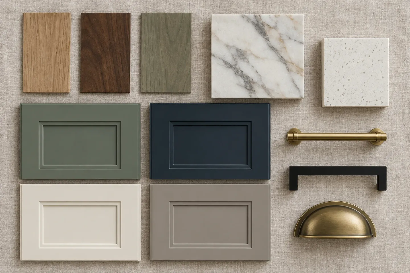 Veneer, painted door, stone and hardware samples laid out on linen