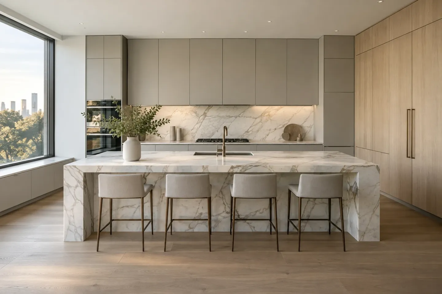 Kitchen with warm grey doors, a white oak tall wall and a marble waterfall island