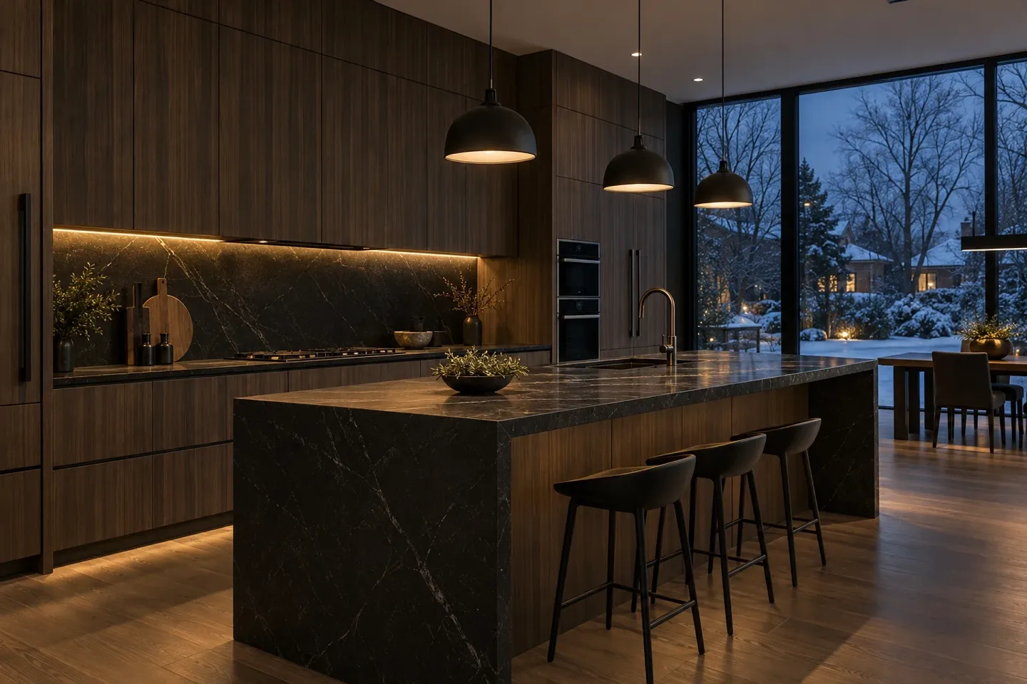 Kitchen in dark eucalyptus veneer with a black stone island