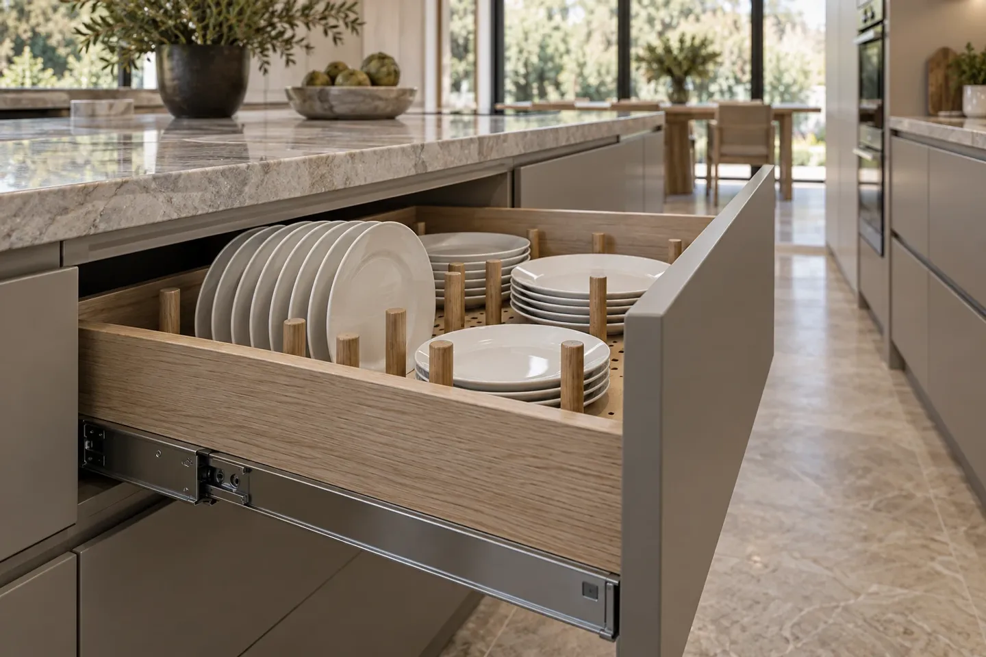 Warm grey kitchen with a marble island