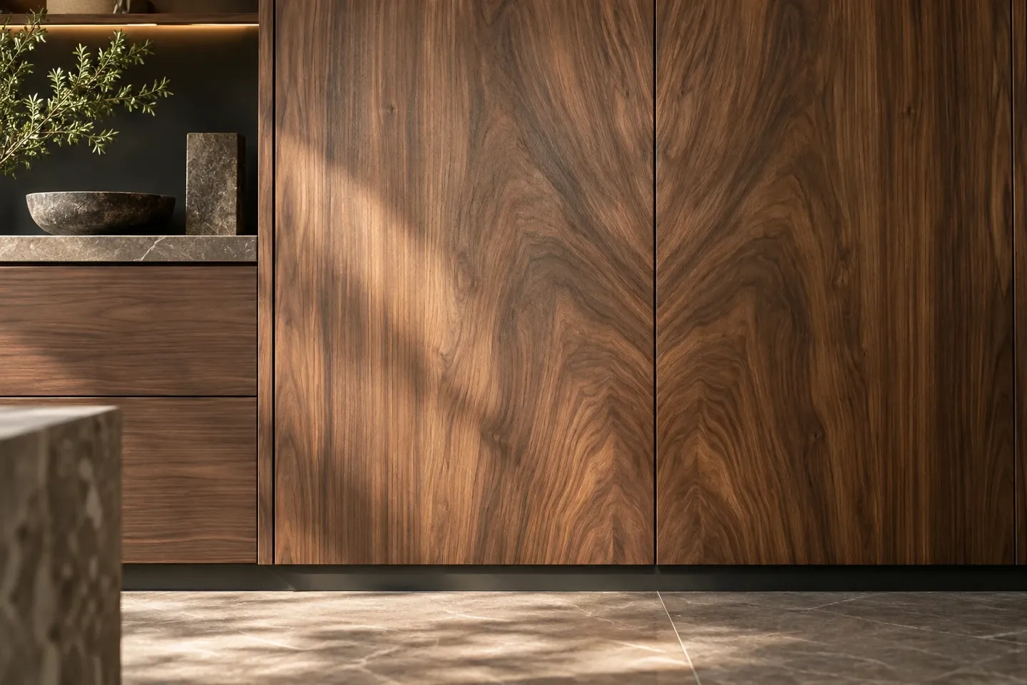 Eucalyptus veneer and black stone