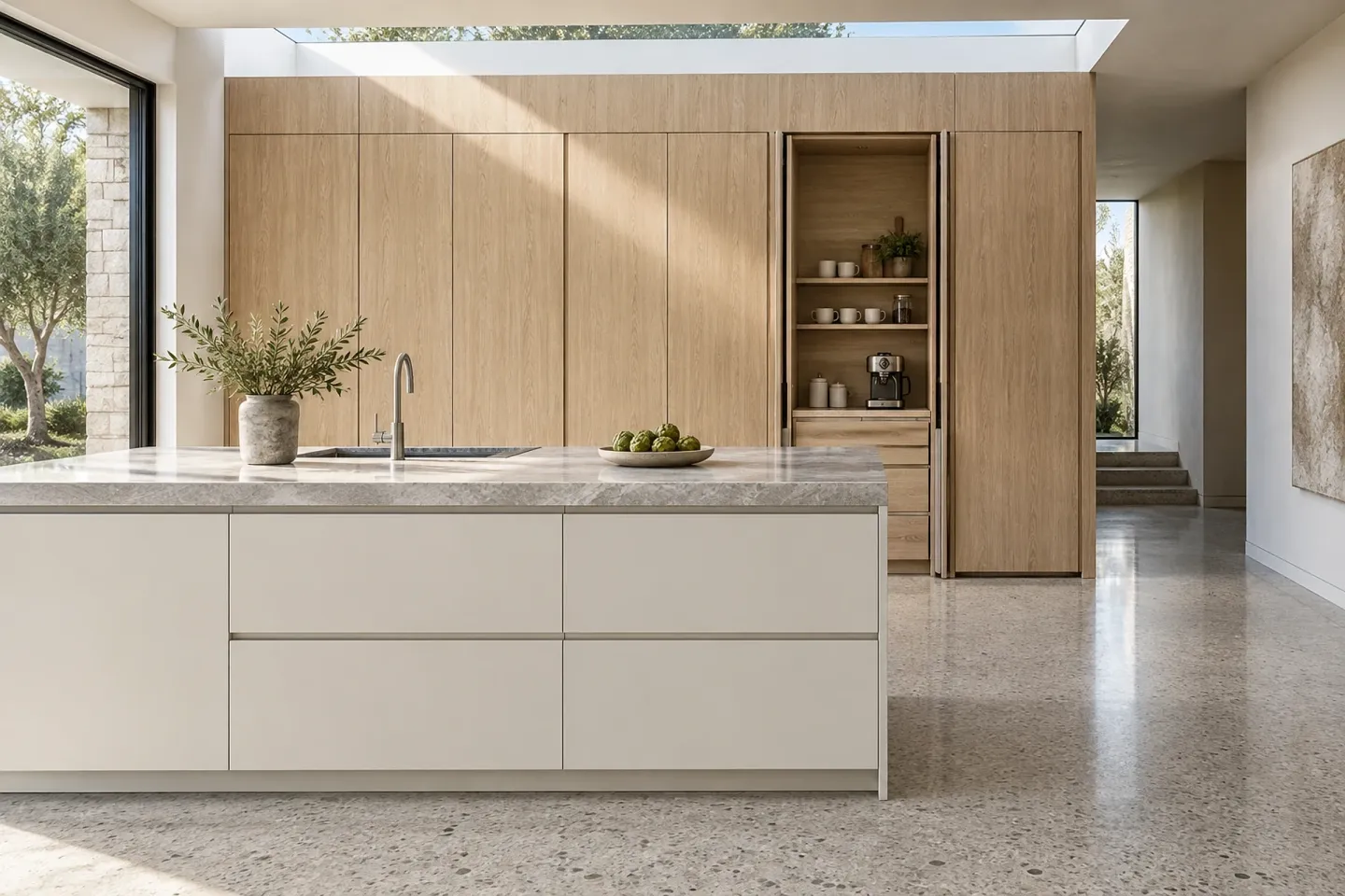 Oak tall wall with a coffee station
