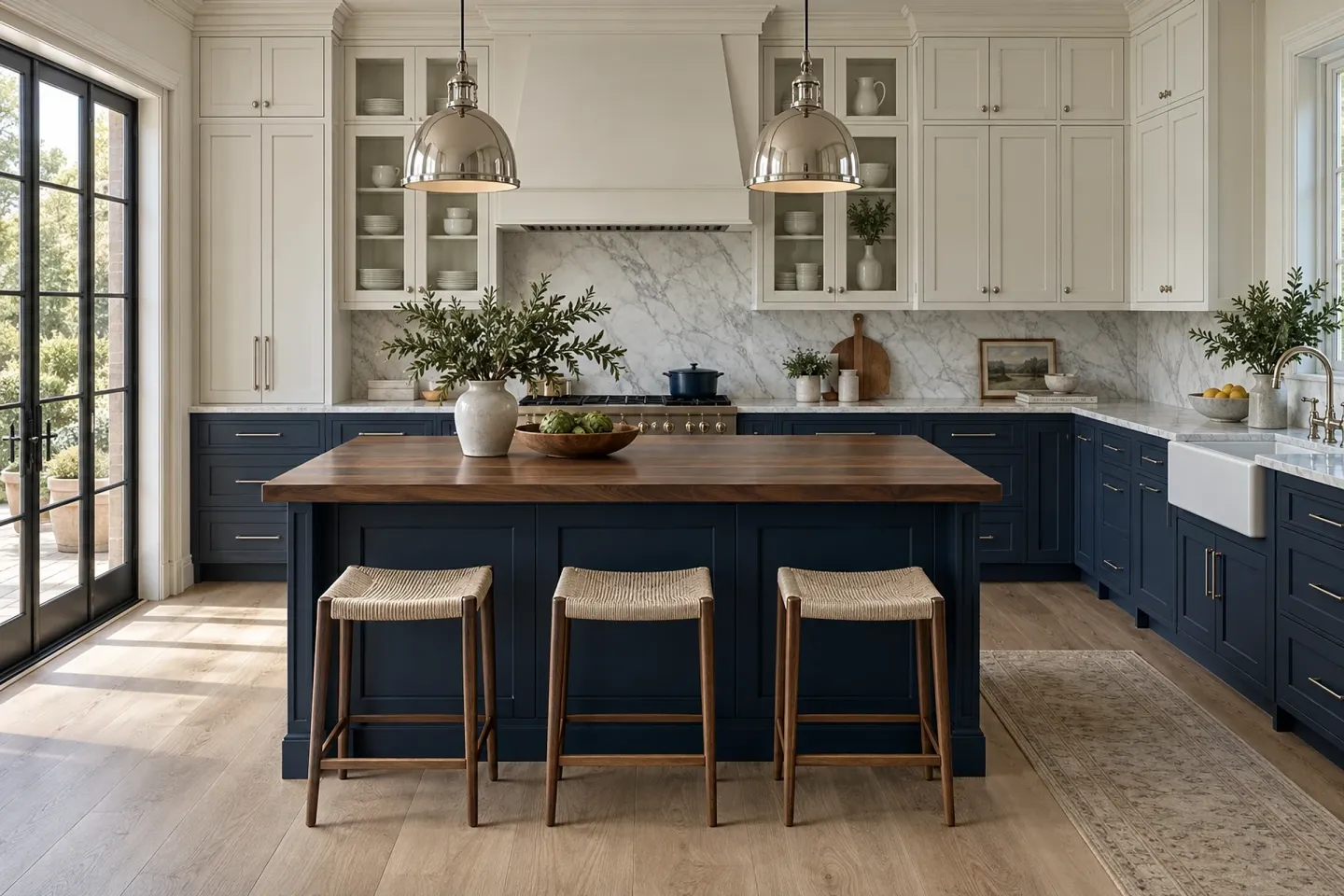 Navy and warm white kitchen