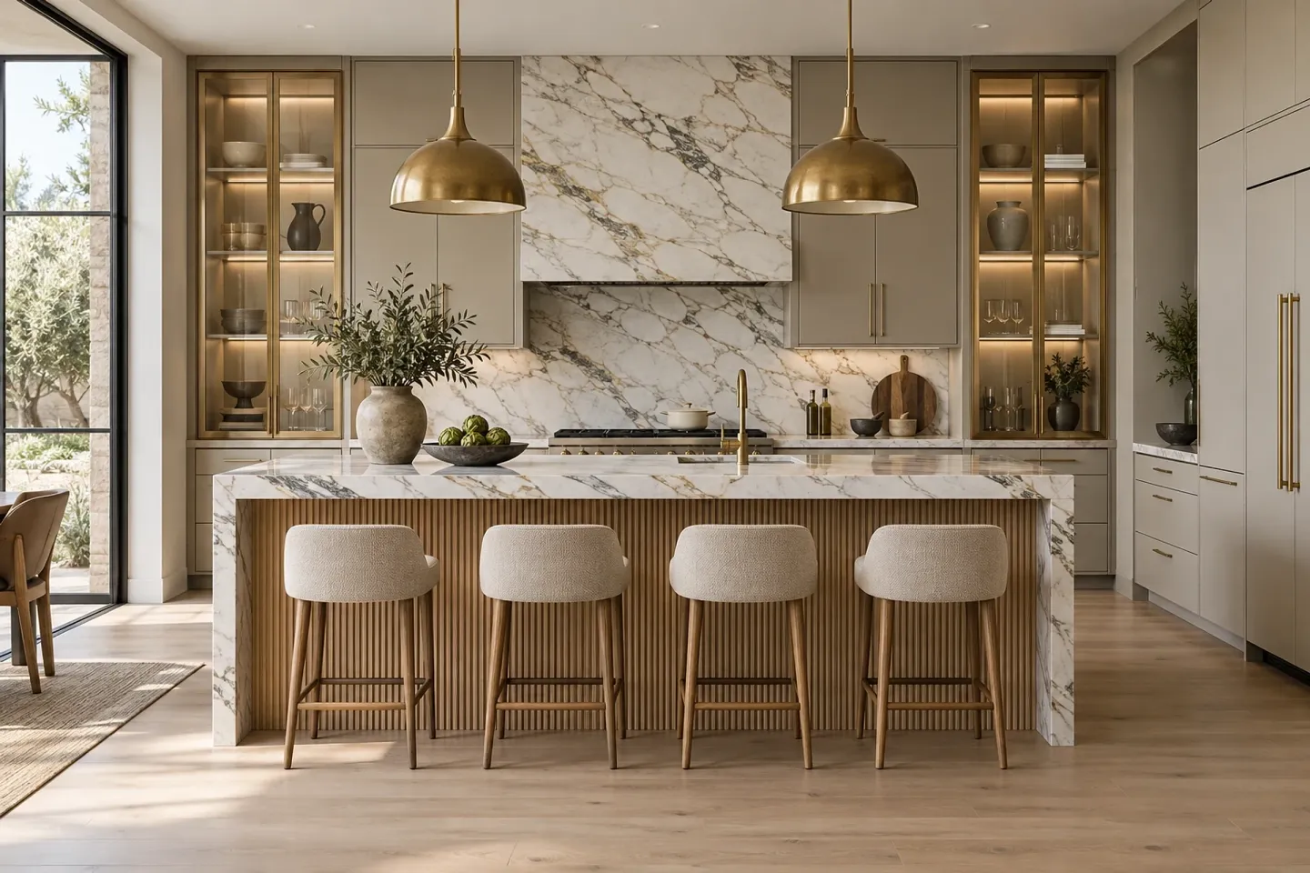 Fluted oak island with a bronze display cabinet