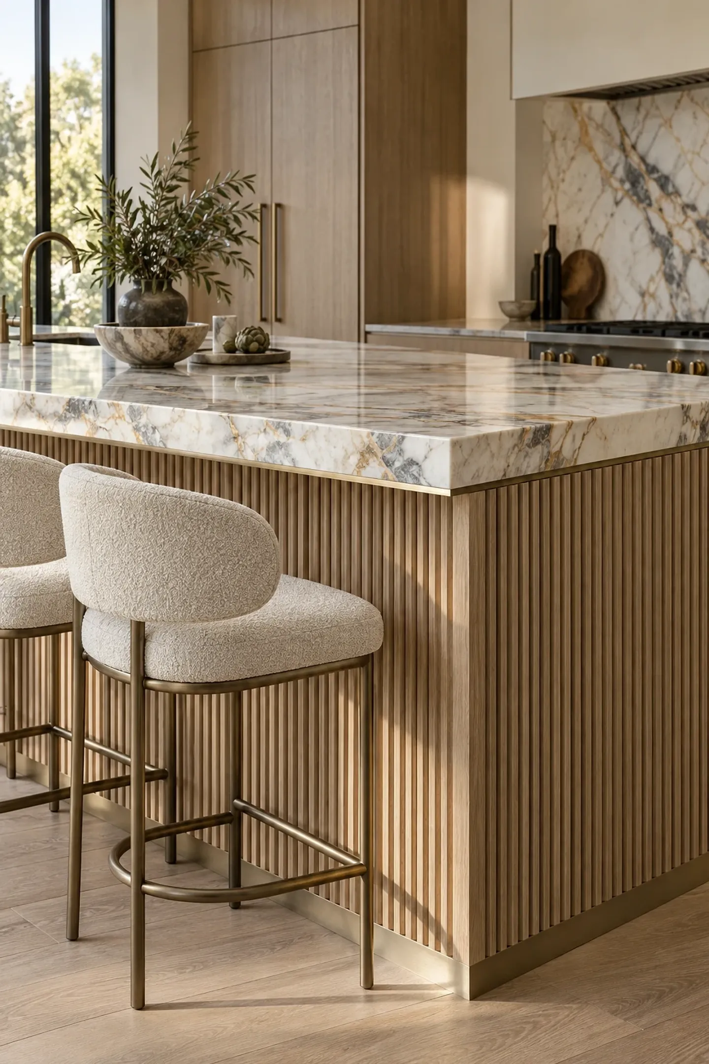 Fluted oak island with a bronze display cabinet