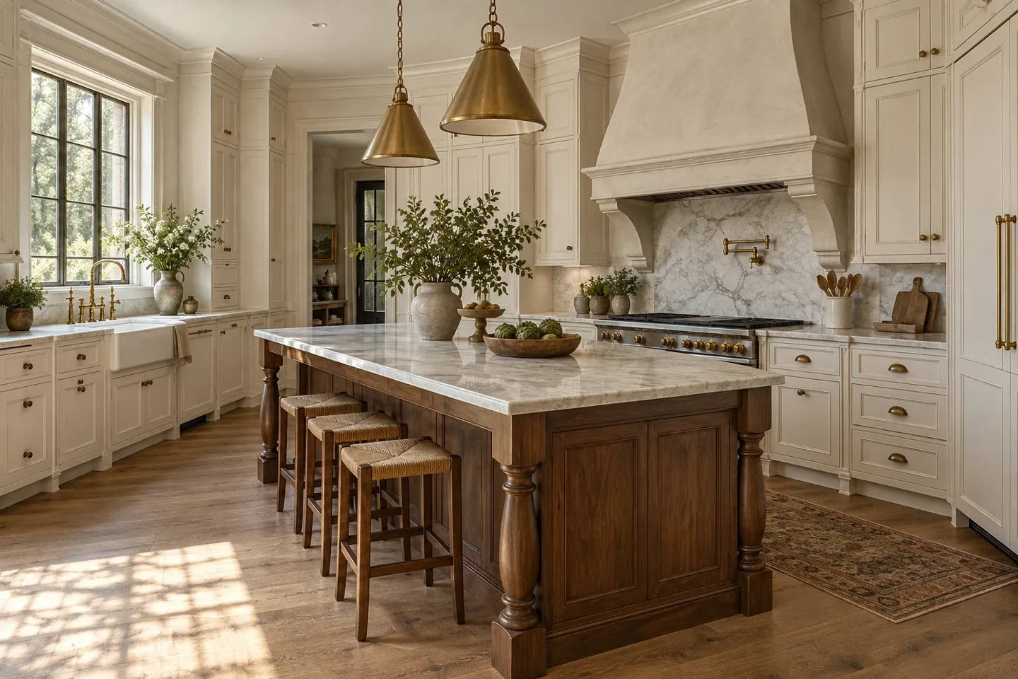 Ivory raised-panel kitchen with a walnut island