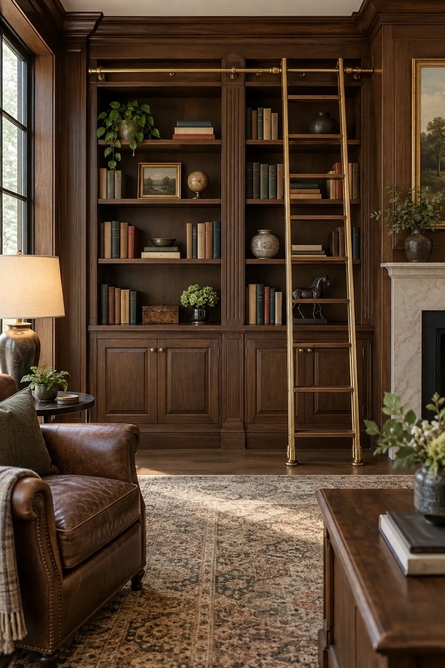 Walnut library with a ladder